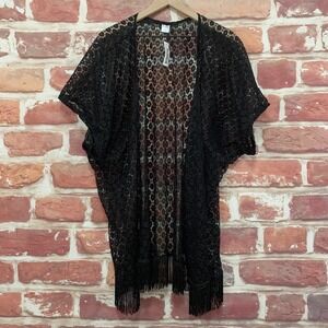 Highness Kimono Top Women's OS Plain Black Boho Floral Sheer Beachy Fringe Shrug